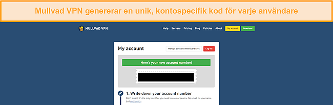 Skärmdump av den genererade kontonummersidan från Mullvad VPN.
