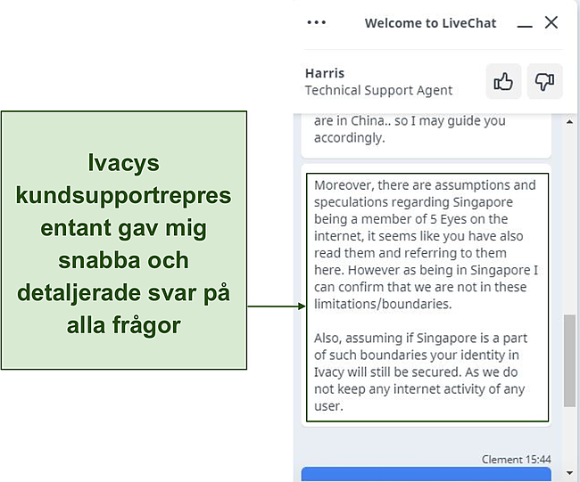 Skärmdump av mitt samtal med Ivacy VPN-supportrepresentant.