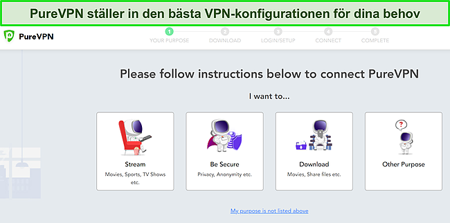 Skärmdump av PureVPN anpassade installationsalternativ för olika VPN-användningar.