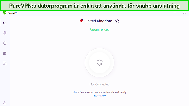Skärmdump av PureVPNs Windows-app som visar dess rena och enkla gränssnitt.
