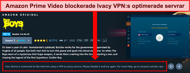 Skärmdump av Amazon Prime Video som visar att Amazon kunde upptäcka en VPN-anslutning när man använder Ivacy VPN.