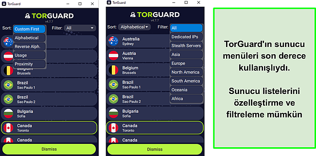 TorGuard'ın sunucu menüleri ve seçeneklerinin ekran görüntüsü.