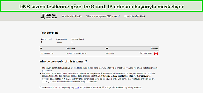 TorGuard ile başarılı bir DNS Sızıntı Testinin ekran görüntüsü.