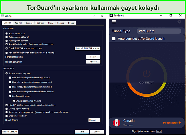 TorGuard'ın ayarlar menüsünün ekran görüntüsü.