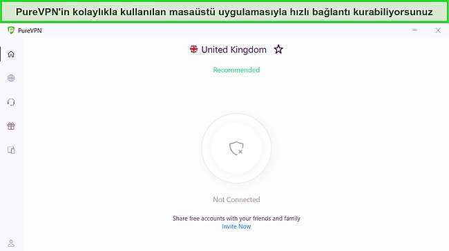 PureVPN'in Windows uygulamasının temiz ve basit arayüzünü gösteren ekran görüntüsü.