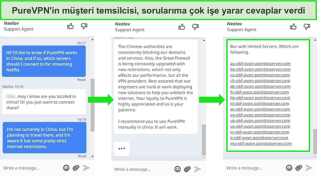 Çin içinden sunuculara manuel olarak bağlanmayla ilgili soruları yanıtlayan PureVPN canlı sohbetinin ekran görüntüsü.