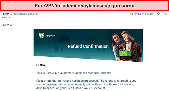 PureVPN'in faturalandırma ekibinin geri ödeme talebini onaylayan e-posta yanıtının ekran görüntüsü.
