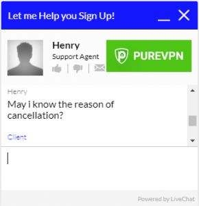 Screenshot of PureVPN's live customer support chat showing question for the reason of canceling PureVPN account