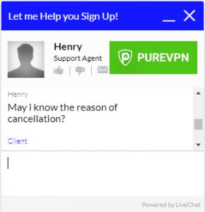 Skjermbilde av PureVPN kundesupport-chat som viser spørsmål av grunn til å kansellere PureVPN-kontoen