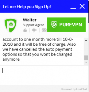 Screenshot of PureVPN's live customer support chat window showing representative's offer for one month of free PureVPN service