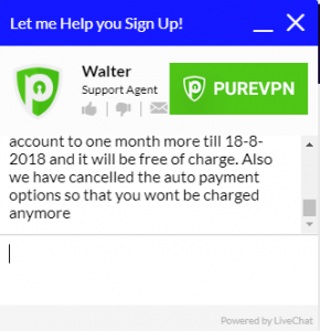 Skjermbilde av PureVPN live kundestøtte chat -vindu som viser representantens tilbud om en måneds gratis PureVPN -tjeneste