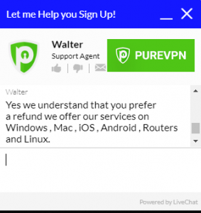 Screenshot of PureVPN's live customer support chat window showing representative that is trying to offer an extension of PureVPN's service to the customer