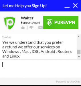 Skjermbilde av PureVPN live kundestøtte chat vindu som viser representant som prøver å tilby en forlengelse av PureVPN service til kunden