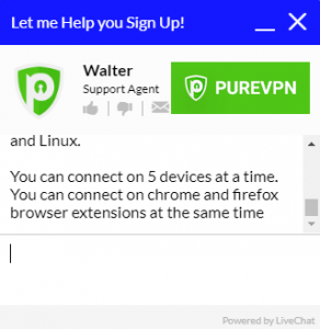 Screenshot of PureVPN's live customer support chat window showing representative that is trying to offer an extension of PureVPN's service to the customer
