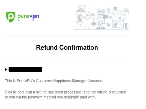 Skjermbilde av PureVPNs e-postrespons om bekreftelse av tilbakebetaling fra kunder