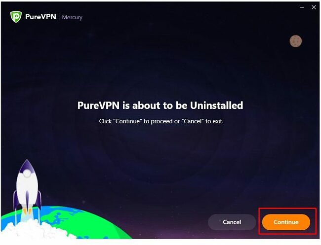 Screenshot of PureVPN's Uninstallation screen prompting users to continue or cancel Uninstallation