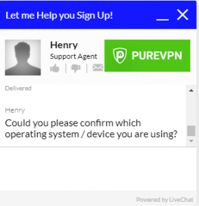 Screenshot of PureVPN's live customer support chat showing representative's question to help customer 