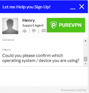 Skjermbilde av PureVPN live kundesupportchat som viser representantens spørsmål for å hjelpe kunden