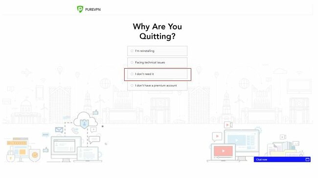 Screenshot of PureVPN's Cancelling Account web page with prompted answers about reasons for cancelling account