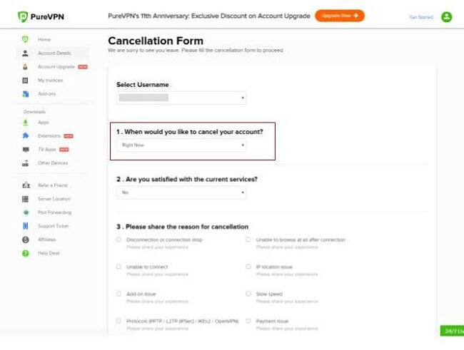Screenshot of PureVPN's cancellation form showing highlighted part about the cancellation period
