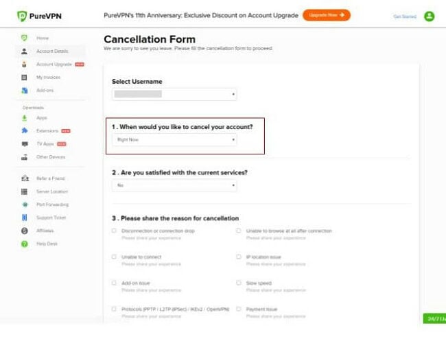 Skjermbilde av PureVPN -avbestillingsskjema som viser fremhevet del om kanselleringsperioden