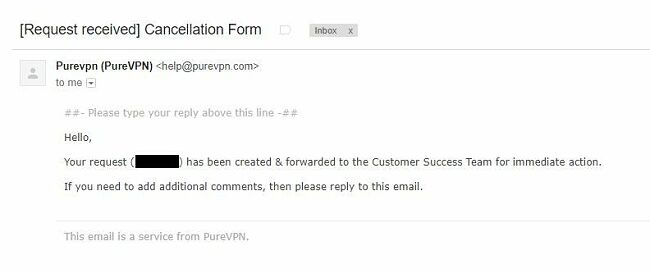 Skjermbilde av PureVPNs e-postsvar om bekreftelsen på mottatt kanselleringsskjema for PureVPNs konto