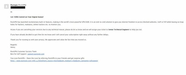 Skjermbilde av PureVPNs e-postsvar om kanselleringen av PureVPNs konto