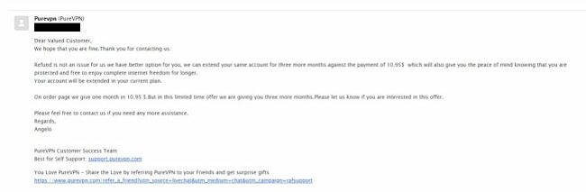 Screenshot of PureVPN's email response about the cancellation of PureVPN's account
