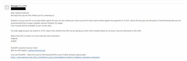 Skjermbilde av PureVPNs e-postsvar om kanselleringen av PureVPNs konto