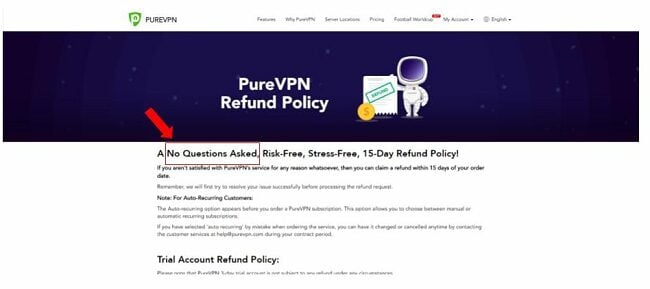 Screenshot of PureVPN's web page about its Refund Policy with highlighted 