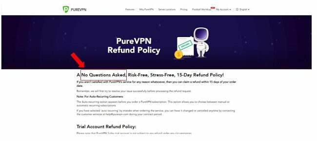 Screenshot of PureVPN's web page about its Refund Policy with highlighted 