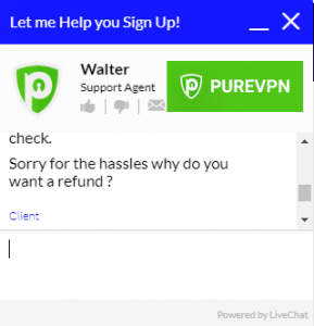 Screenshot of PureVPN's live customer support chat window showing representative's question about why does a customer want a refund
