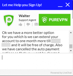 Screenshot of PureVPN's live customer support chat window showing representative that is trying to offer an extension of PureVPN's service to the customer free of charge