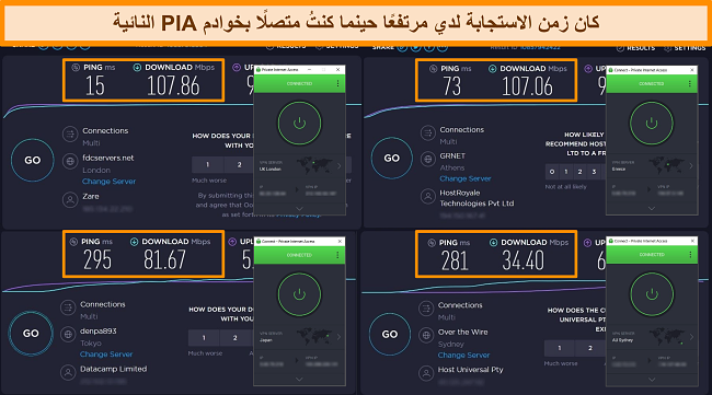 لقطة شاشة لنتائج اختبار سرعة Ookla مع اتصال PIA بخوادم مختلفة.