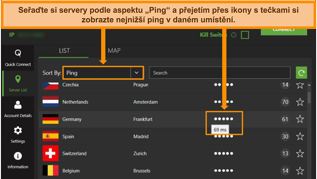 Screenshot ze seznamu serverů IPVanish v aplikaci pro Windows se zvýrazněním serverů seřazených podle pingu a nejnižší dostupné latence v dané oblasti.