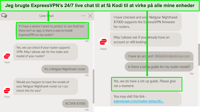 Skærmbillede af en udveksling med ExpressVPNs live chat support om brug af ExpressVPN på en router til at arbejde med Kodi