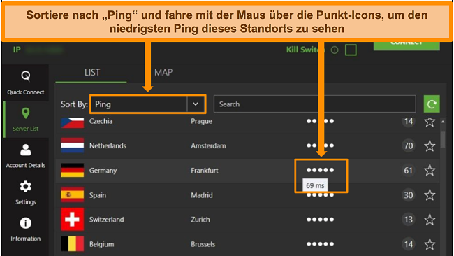 Screenshot der IPVanish-Serverliste in der Windows-App, wobei die Server nach Ping sortiert und die niedrigste verfügbare Latenz in dieser Region hervorgehoben werden.