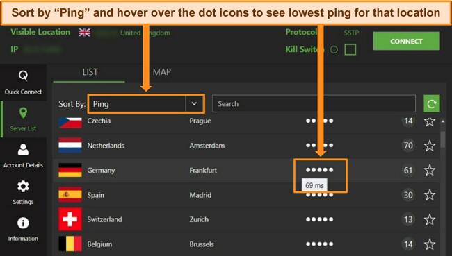 Screenshot of IPVanish server list on the Windows app, highlighting the servers sorted by ping and the lowest available latency in that region.