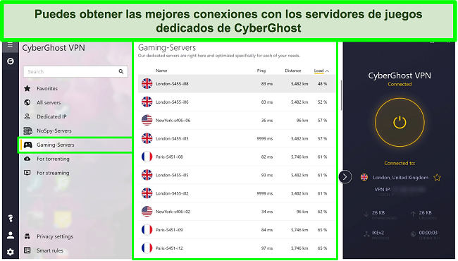 Captura de pantalla de los servidores de juegos CyberGhost con la carga ordenada por orden descendente