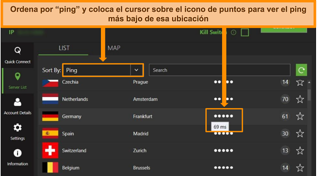 Captura de pantalla de la lista de servidores IPVanish en la aplicación de Windows, destacando los servidores ordenados por ping y la latencia más baja disponible en esa región.
