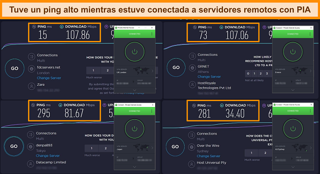 Captura de pantalla de los resultados de la prueba de velocidad de Ookla con PIA conectado a diferentes servidores.
