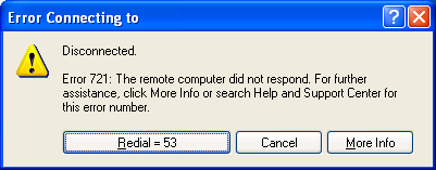 Screenshot of Microsoft Windows error 721