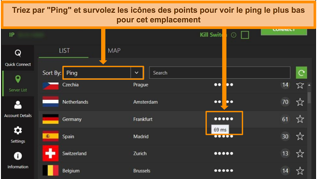 Capture d'écran de la liste des serveurs IPVanish sur l'application Windows, mettant en évidence les serveurs triés par ping et la latence la plus faible disponible dans cette région.