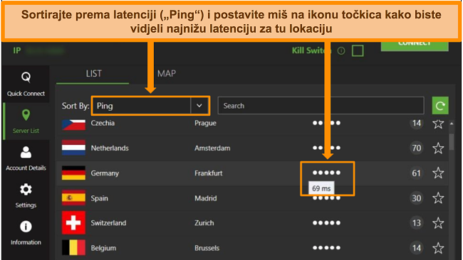 Snimak zaslona s popisa poslužitelja IPVanish u aplikaciji Windows, koji ističe poslužitelje razvrstane po pingu i najmanju dostupnu latenciju u toj regiji.