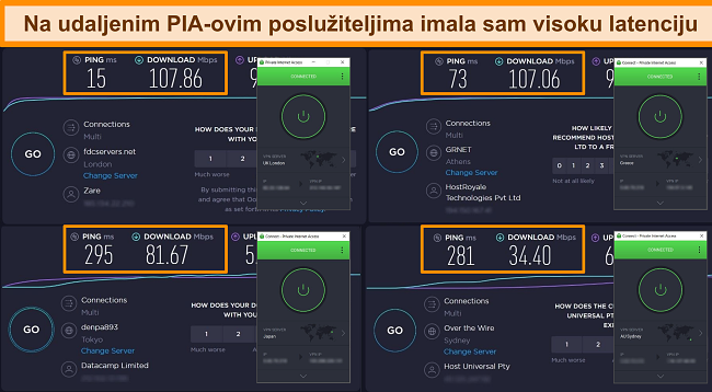 Snimka zaslona rezultata ispitivanja brzine Ookla s PIA spojenim na različite poslužitelje.