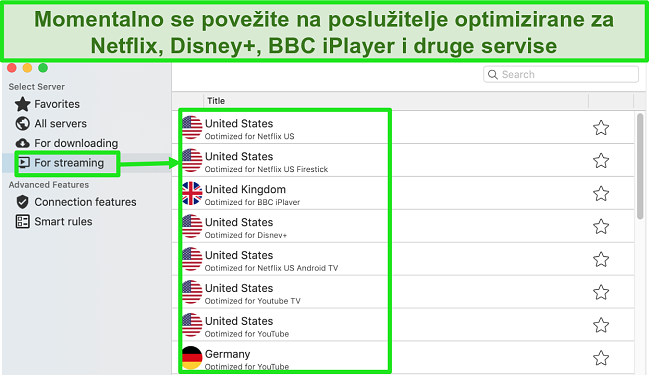 Snimka zaslona kartice Streaming u aplikaciji CyberGhost za Mac