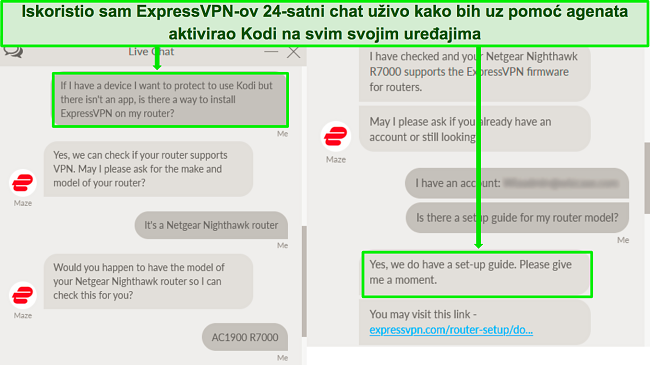 Snimka zaslona razmjene s ExpressVPN-ovom podrškom za chat uživo o korištenju ExpressVPN-a na usmjerivaču za rad s Kodijem