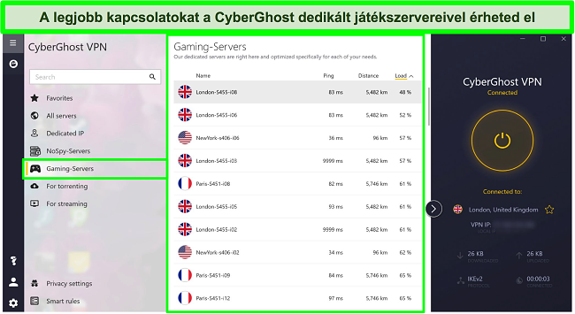 Képernyőkép a CyberGhost játékszerverekről, terhelés csökkenő sorrendben