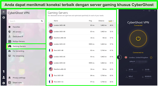 Tangkapan layar server game CyberGhost dengan beban yang diurutkan berdasarkan urutan menurun