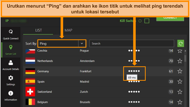 Cuplikan layar daftar server IPVanish di aplikasi Windows, menyoroti server yang diurutkan berdasarkan ping dan latensi terendah yang tersedia di wilayah itu.